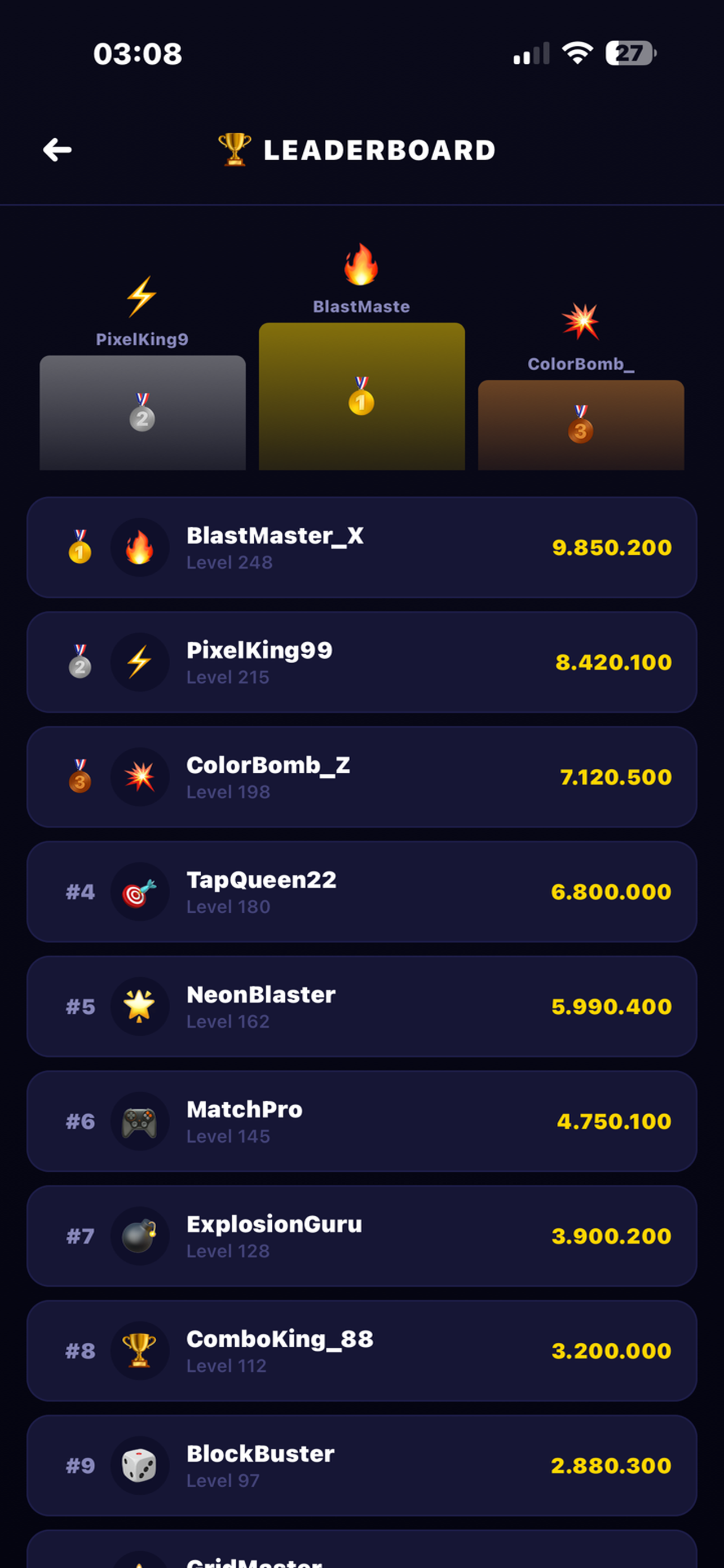 Tap & Blast leaderboard